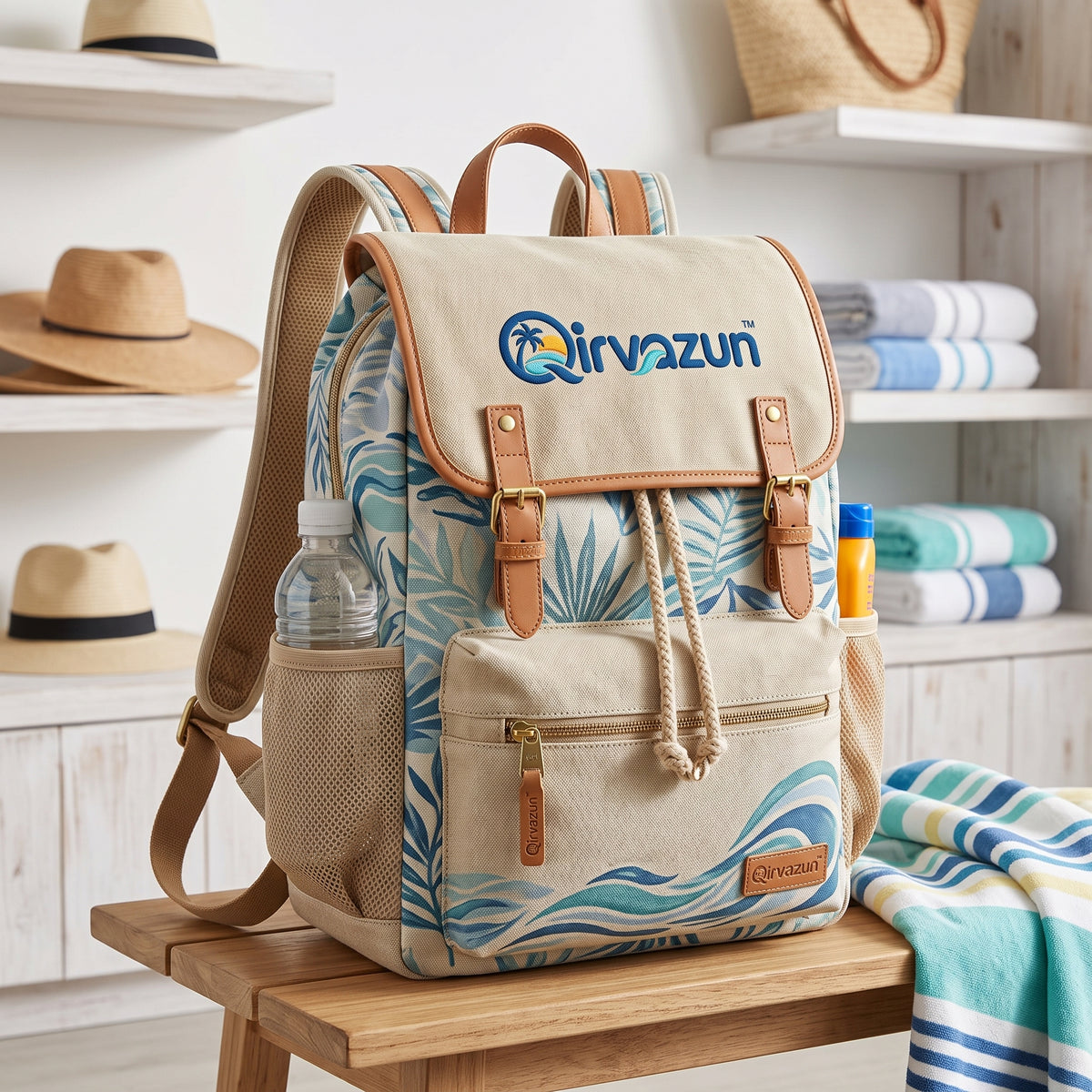 Qirvazun™ Vintage Canvas Beach Backpack – Tropical Palm &amp; Wave Print Rucksack with Drawstring Flap Closure &amp; Dual Side Pockets for Travel, Day Trips, and Daily Commute