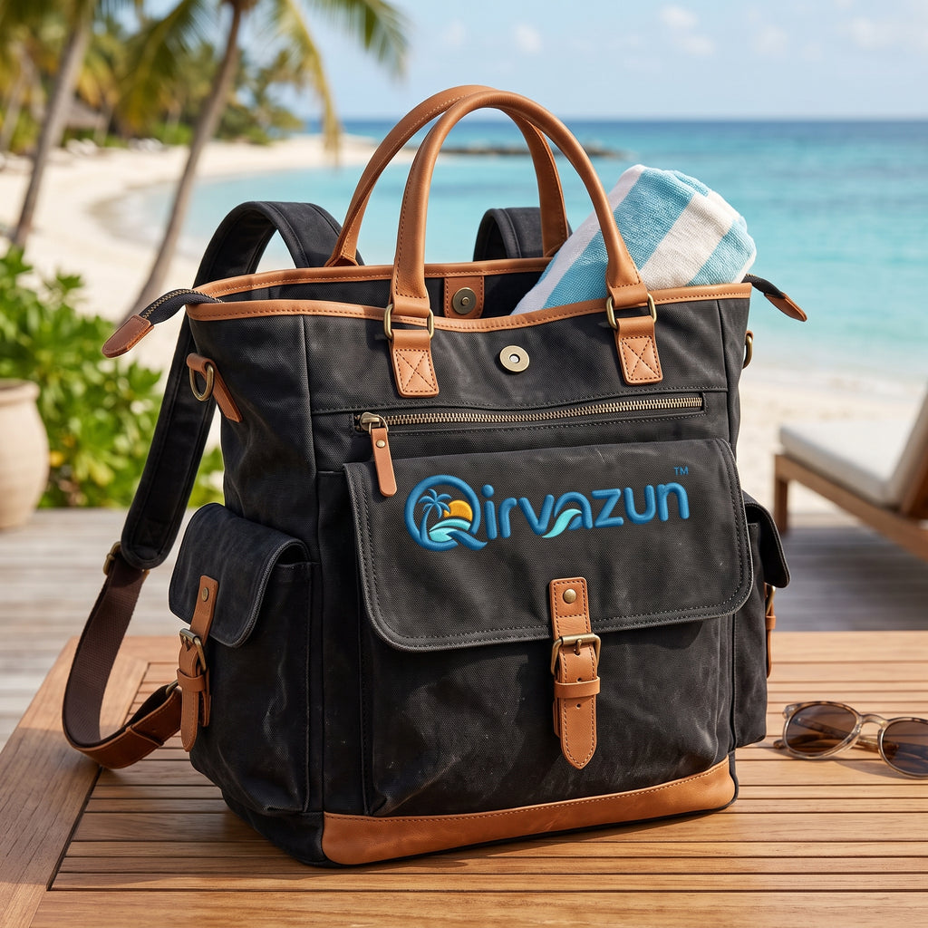 Qirvazun™ Convertible Canvas Backpack Tote | Heavy-Duty Beach &amp; Travel Weekender Bag with Premium Leather Trim