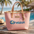 Qirvazun™ Pastel Pink Canvas Tote Bag with Vegan Leather Trim &amp; Tropical Palm Charm