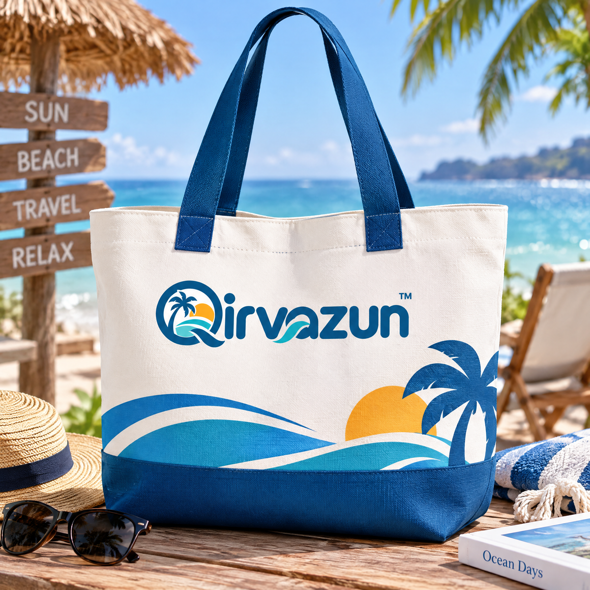 Qirvazun™ Heavy-Duty Canvas Beach Tote Bag – Large Coastal Travel Shoulder Bag with Tropical Wave &amp; Palm Graphic
