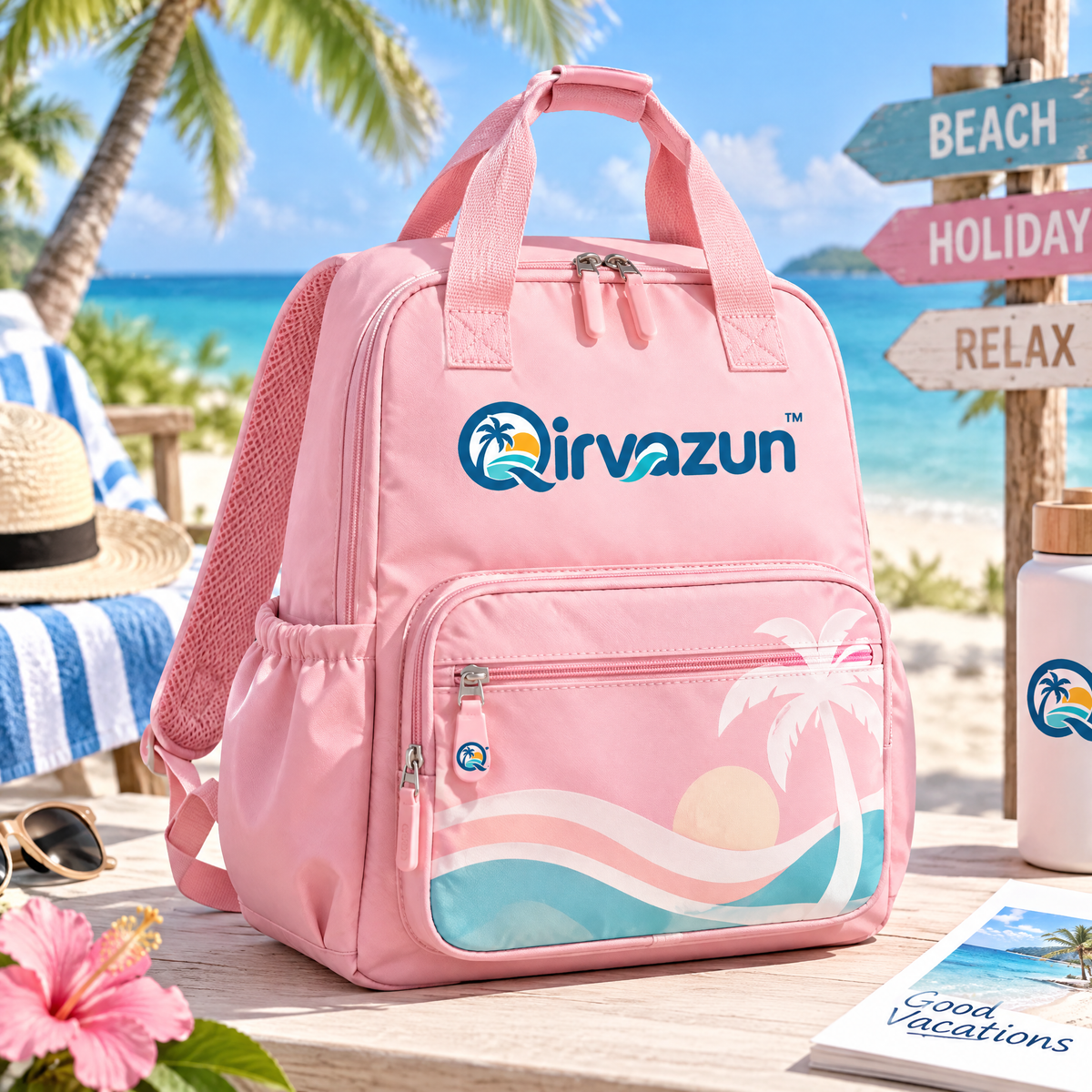 Qirvazun™ Pastel Pink Vacation Backpack – Lightweight Tropical Travel Daypack with Tote Handles