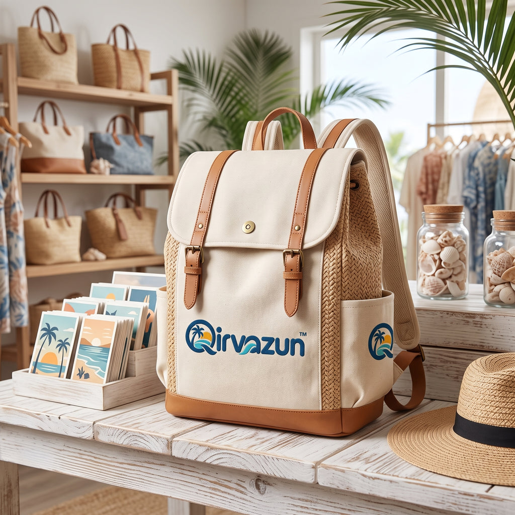 Qirvazun™ Women's Canvas &amp; Woven Straw Backpack - Vintage Coastal Flap Rucksack with Leather Trim for Travel, Beach &amp; Daily Use