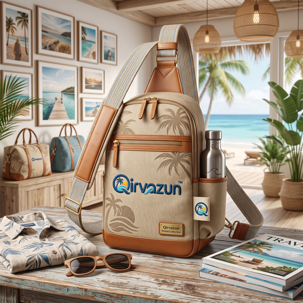 Qirvazun™ Canvas Crossbody Sling Bag – Tropical Travel Daypack with Water Bottle Holder &amp; Vegan Leather Trim