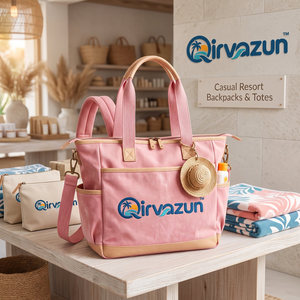 Qirvazun™ Convertible Resort Tote Backpack – Blush Pink Multi-Way Canvas Beach &amp; Travel Daypack with Tan Trim