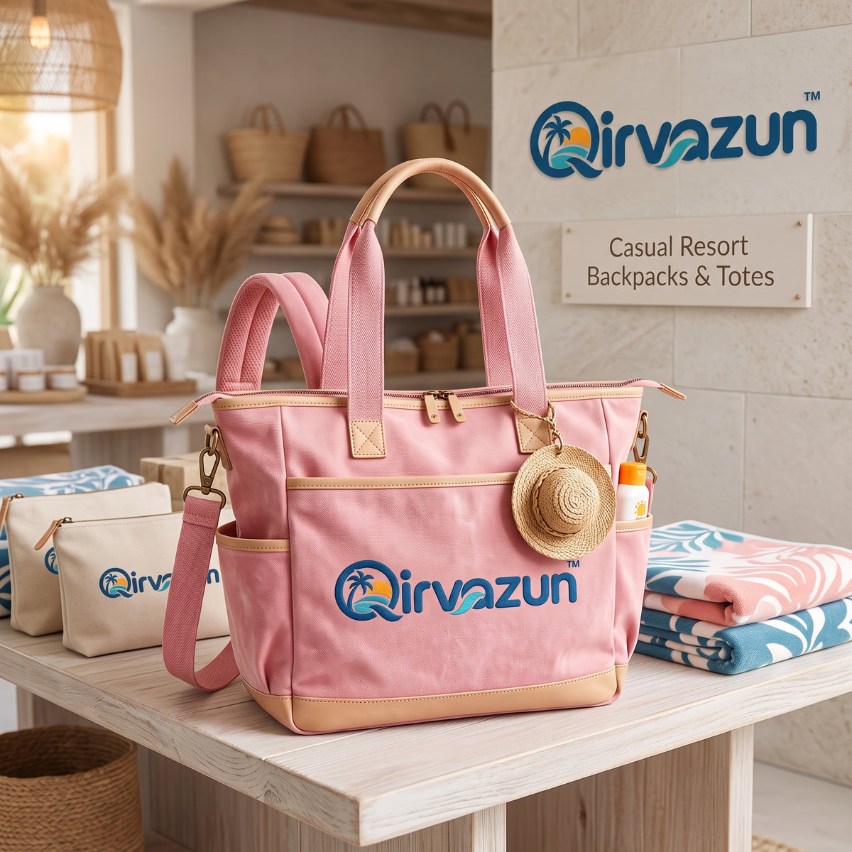 Qirvazun™ Convertible Resort Tote Backpack – Blush Pink Multi-Way Canvas Beach &amp; Travel Daypack with Tan Trim