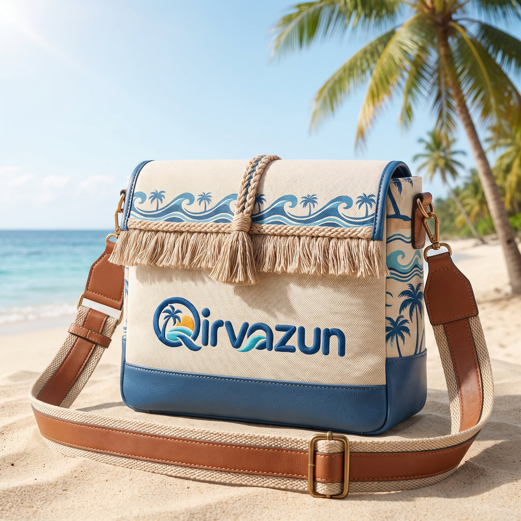 Qirvazun™ Boho Canvas Crossbody Bag – Tropical Wave Embroidered Shoulder Bag with Tassel Fringe &amp; Adjustable Wide Strap