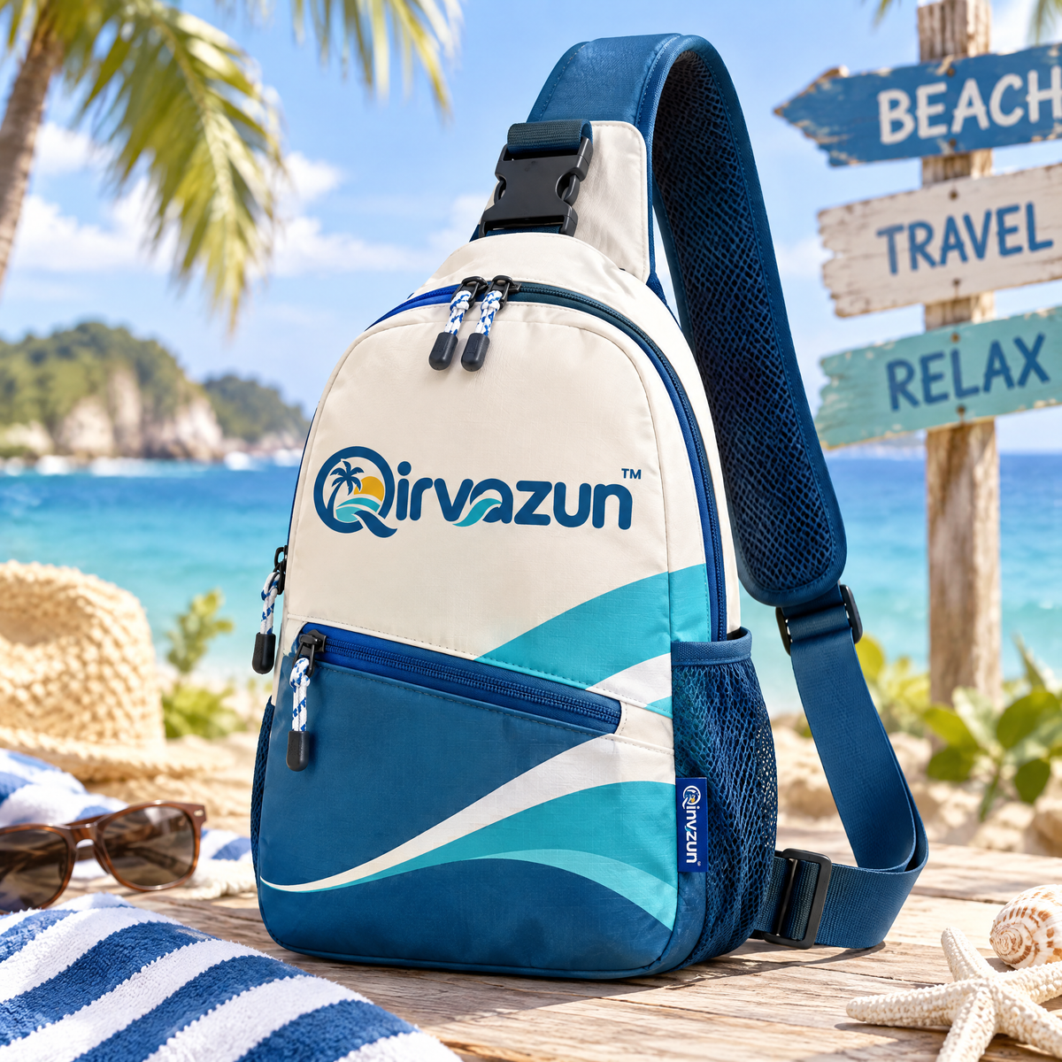 Qirvazun™ Lightweight Crossbody Sling Bag - Casual Travel Chest Backpack with Bottle Holder, Water-Resistant Ocean Wave Daypack for Outdoor, Hiking &amp; Beach Trips