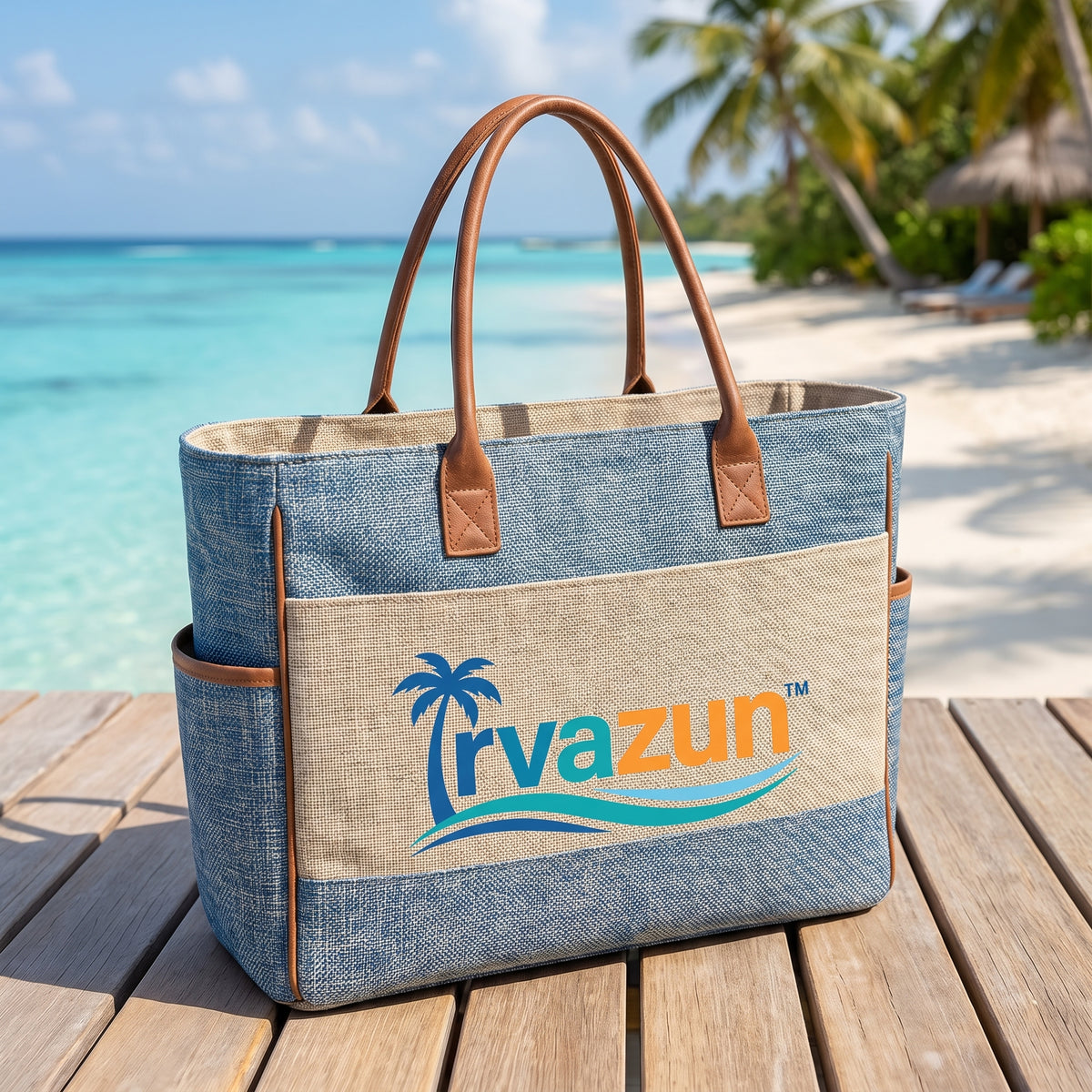 Qirvazun™ Large Canvas Beach Tote Bag – Structured Summer Vacation Shoulder Handbag with Exterior Pockets