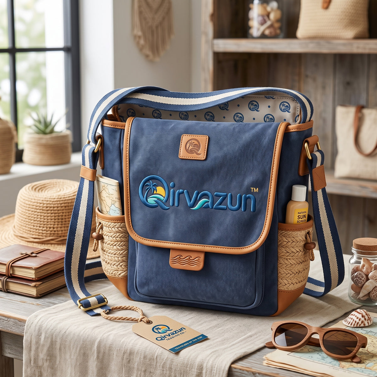 Qirvazun™ Canvas Crossbody Messenger Bag with Woven Straw Pockets – Casual Coastal Travel Shoulder Bag for Summer &amp; Vacation