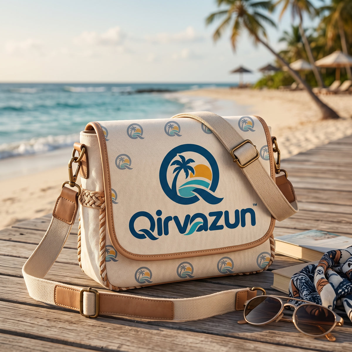 Qirvazun™ Coastal Canvas Crossbody Bag – Tropical Print Flap Shoulder Bag with Braided Trim &amp; Adjustable Strap