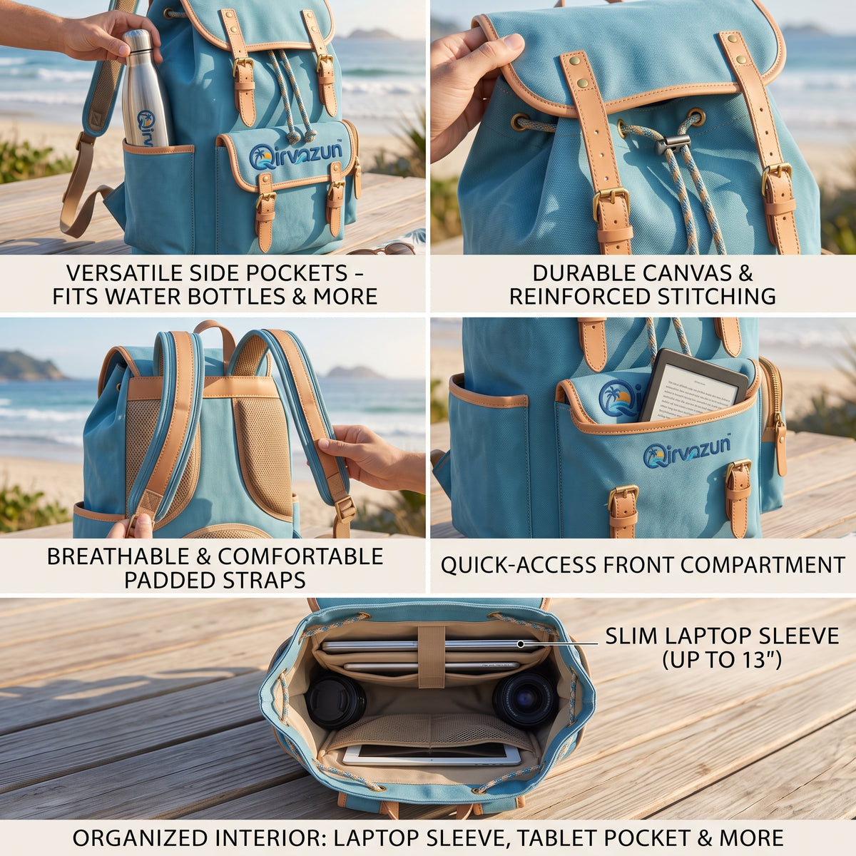Qirvazun™ Vintage Canvas Backpack – Coastal Travel Rucksack &amp; Everyday Daypack with Leather Trim