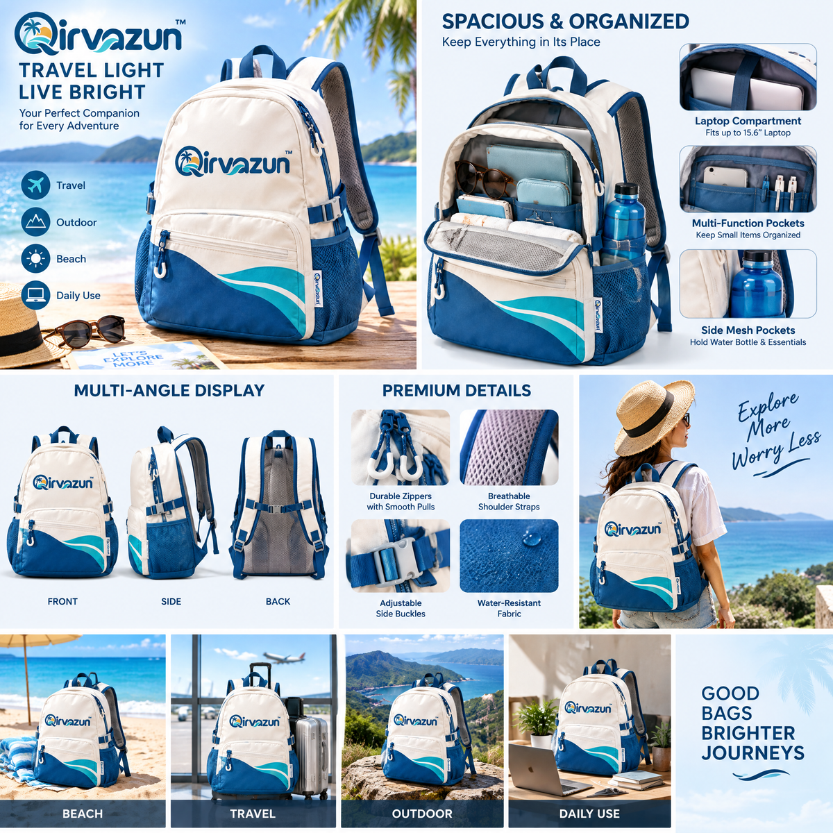 Qirvazun™ Ocean Wave Travel Backpack - Lightweight Casual Daypack with Breathable Mesh Straps &amp; Water Bottle Pockets for Beach, Vacation &amp; Daily Use