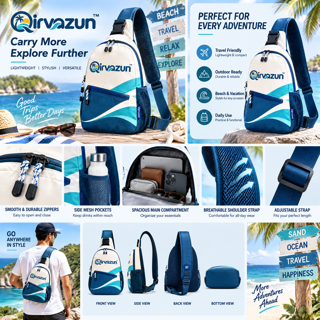 Qirvazun™ Lightweight Crossbody Sling Bag - Casual Travel Chest Backpack with Bottle Holder, Water-Resistant Ocean Wave Daypack for Outdoor, Hiking &amp; Beach Trips