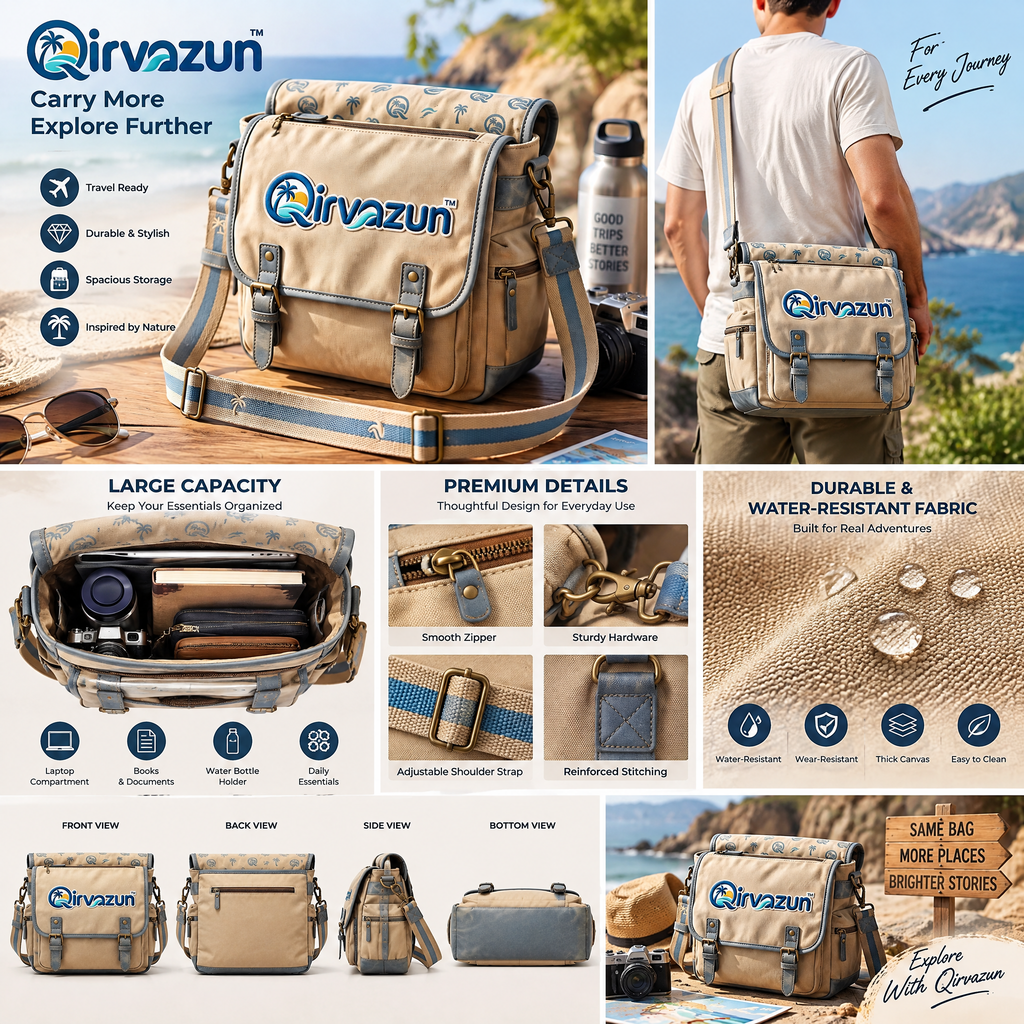Qirvazun™ Unisex Vintage Canvas Messenger Bag – Casual Crossbody Travel Satchel with Coastal Print Lining &amp; Adjustable Strap