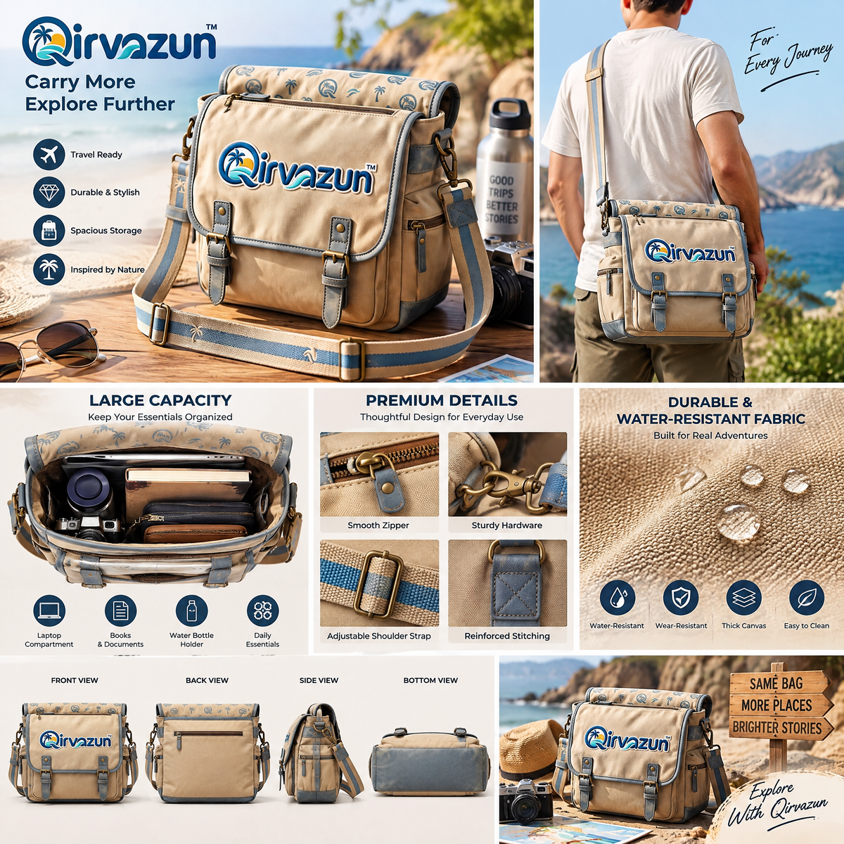 Qirvazun™ Unisex Vintage Canvas Messenger Bag – Casual Crossbody Travel Satchel with Coastal Print Lining &amp; Adjustable Strap