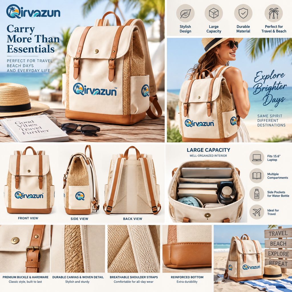 Qirvazun™ Women's Canvas &amp; Woven Straw Backpack - Vintage Coastal Flap Rucksack with Leather Trim for Travel, Beach &amp; Daily Use