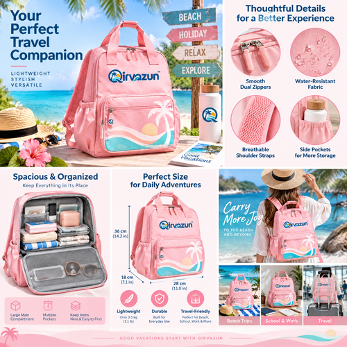 Qirvazun™ Pastel Pink Vacation Backpack – Lightweight Tropical Travel Daypack with Tote Handles