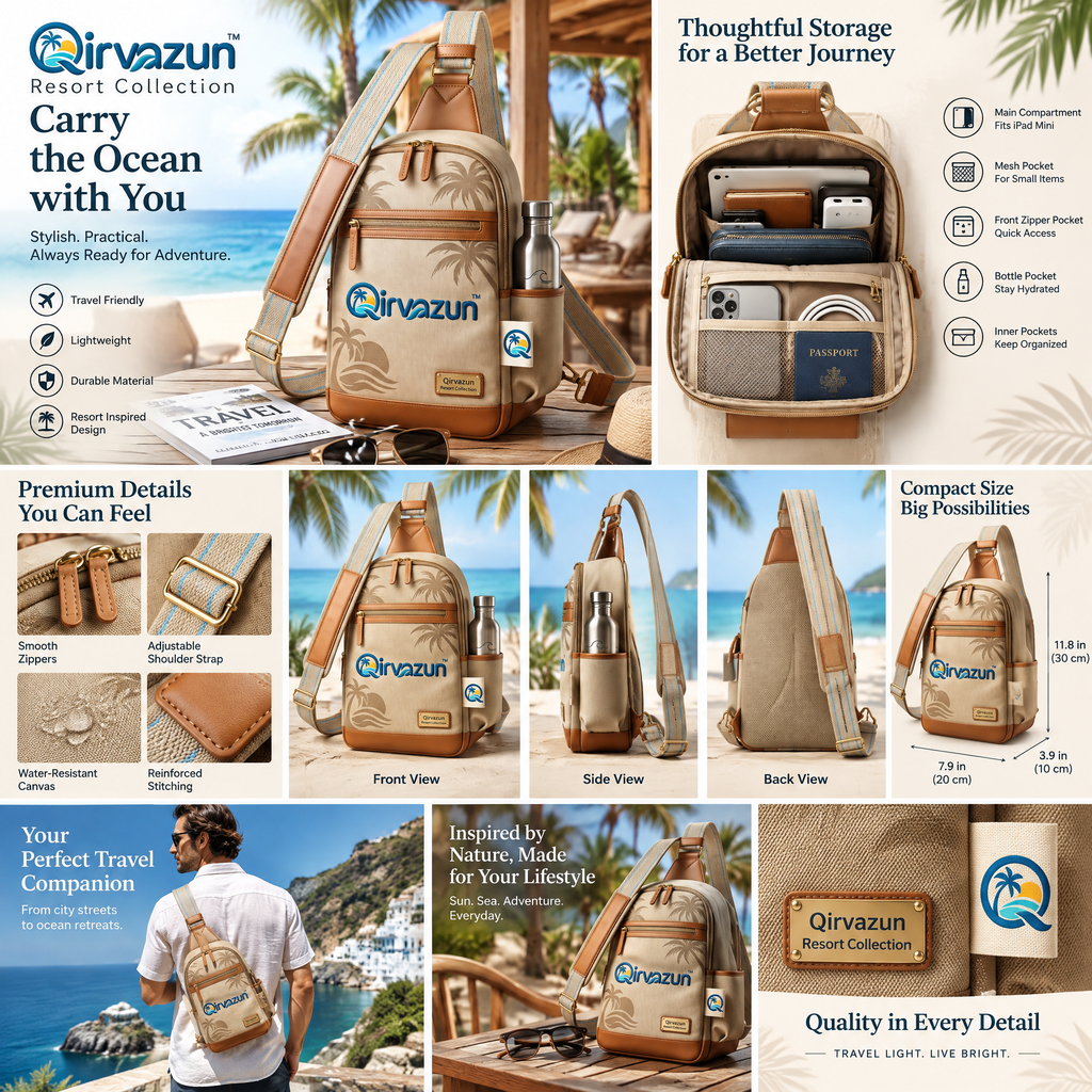 Qirvazun™ Canvas Crossbody Sling Bag – Tropical Travel Daypack with Water Bottle Holder &amp; Vegan Leather Trim