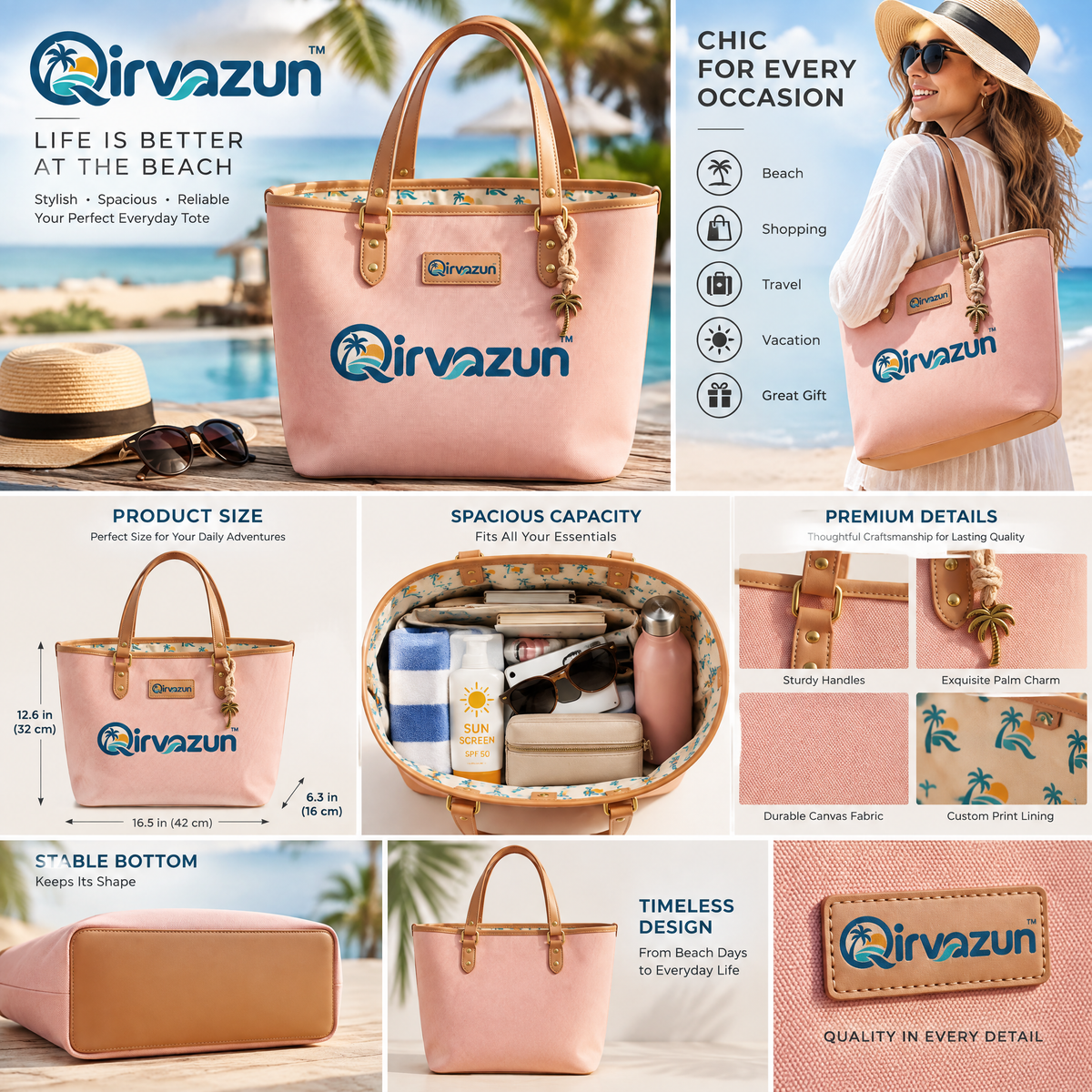 Qirvazun™ Pastel Pink Canvas Tote Bag with Vegan Leather Trim &amp; Tropical Palm Charm