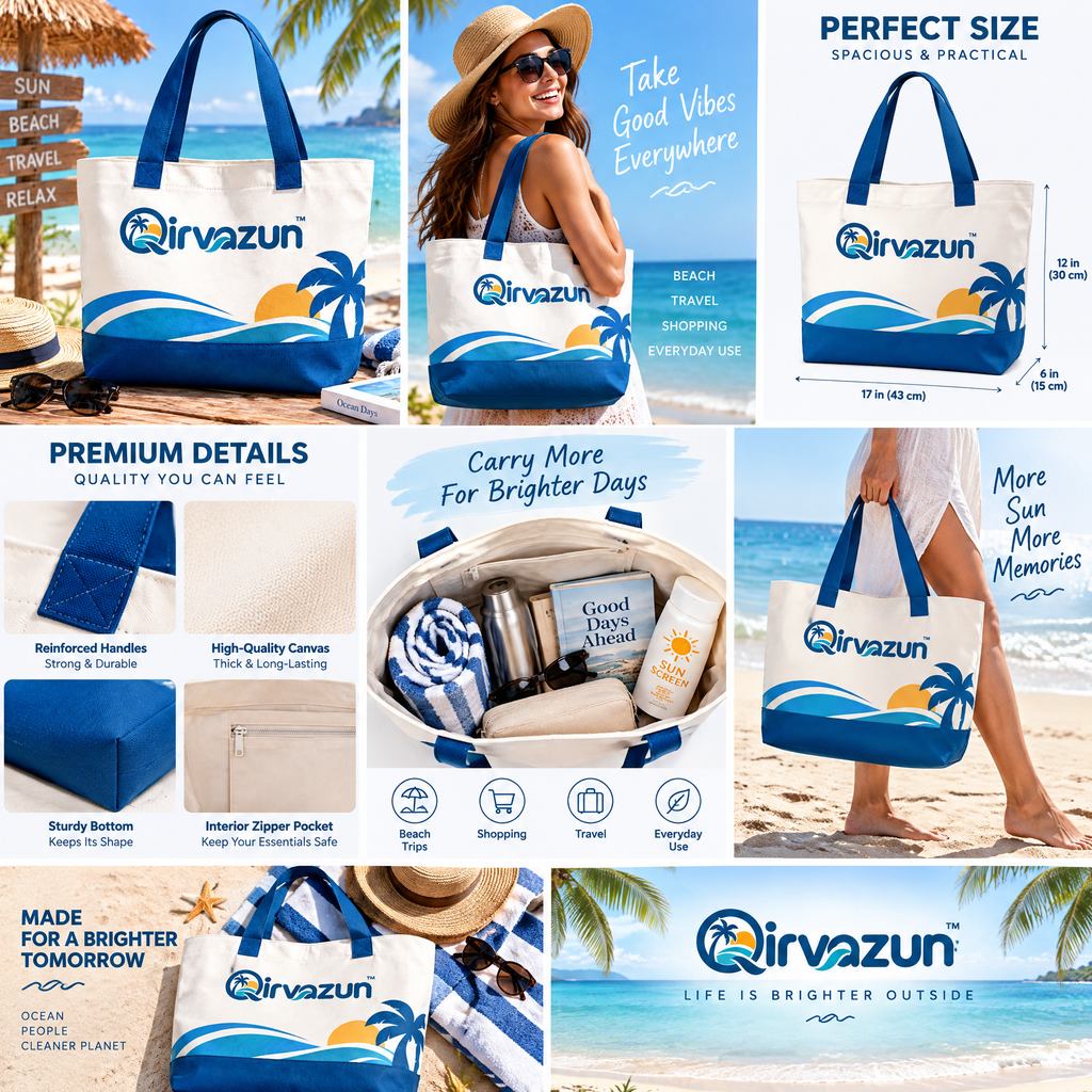 Qirvazun™ Heavy-Duty Canvas Beach Tote Bag – Large Coastal Travel Shoulder Bag with Tropical Wave &amp; Palm Graphic