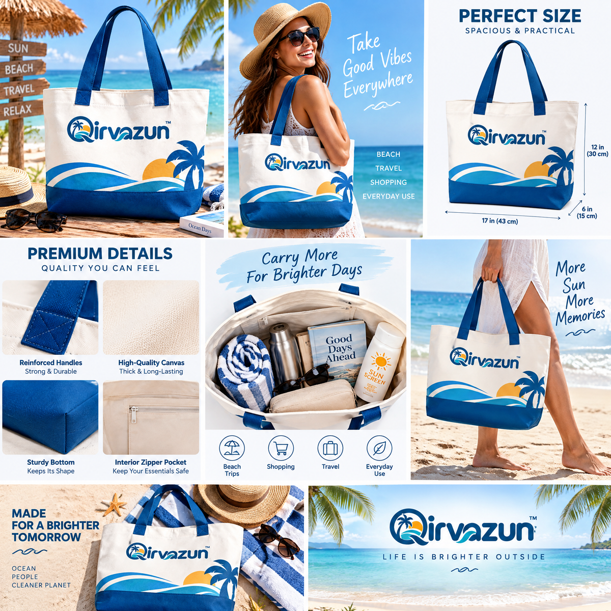 Qirvazun™ Heavy-Duty Canvas Beach Tote Bag – Large Coastal Travel Shoulder Bag with Tropical Wave &amp; Palm Graphic