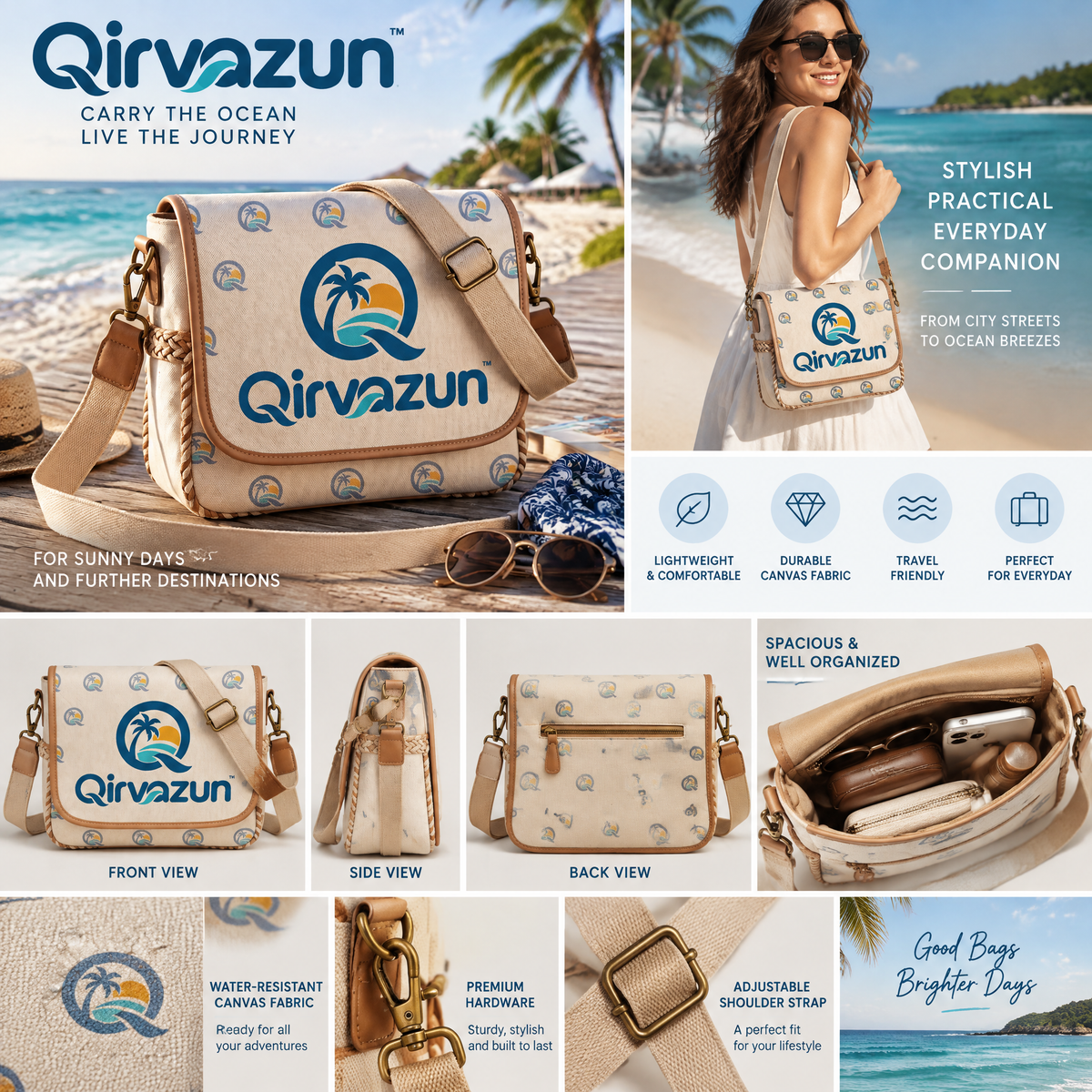 Qirvazun™ Coastal Canvas Crossbody Bag – Tropical Print Flap Shoulder Bag with Braided Trim &amp; Adjustable Strap