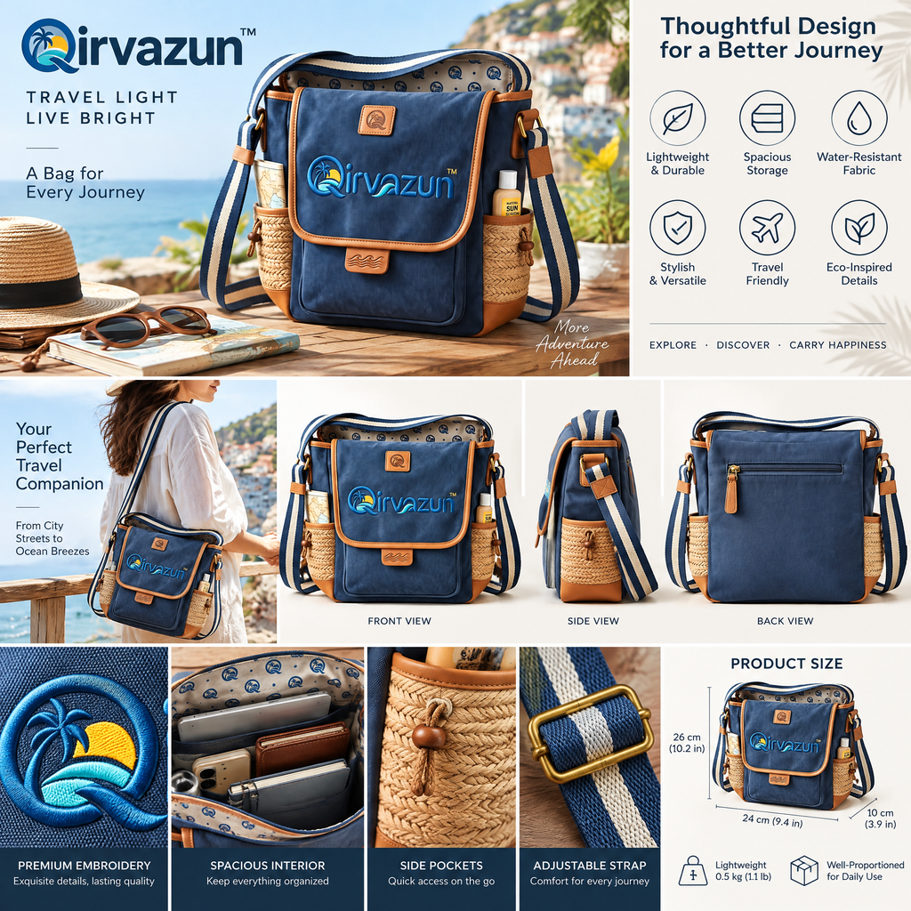 Qirvazun™ Canvas Crossbody Messenger Bag with Woven Straw Pockets – Casual Coastal Travel Shoulder Bag for Summer &amp; Vacation