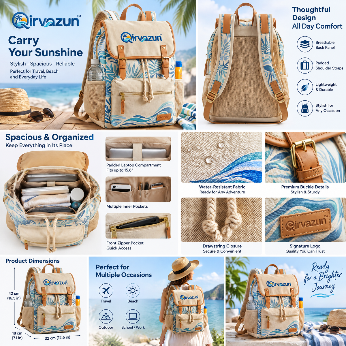 Qirvazun™ Vintage Canvas Beach Backpack – Tropical Palm &amp; Wave Print Rucksack with Drawstring Flap Closure &amp; Dual Side Pockets for Travel, Day Trips, and Daily Commute