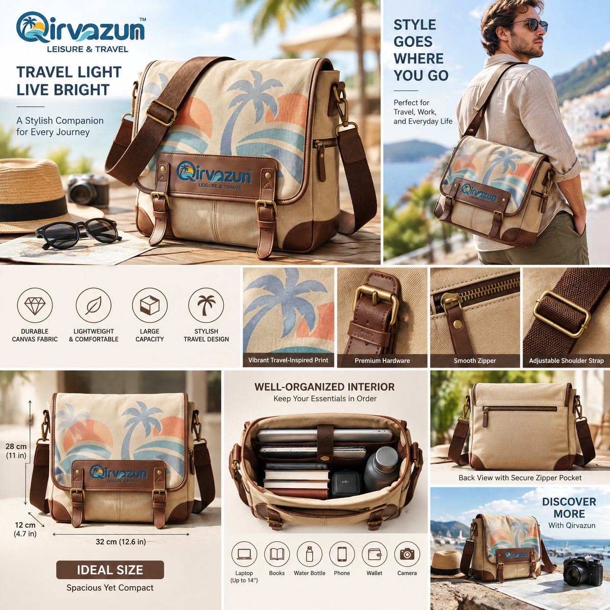 Qirvazun™ Tropical Palm Vintage Canvas Messenger Bag | Retro Unisex Travel &amp; Everyday Crossbody Satchel