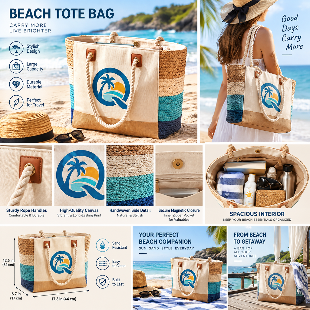 Qirvazun™ Large Canvas &amp; Woven Straw Beach Tote Bag with Soft Rope Handles