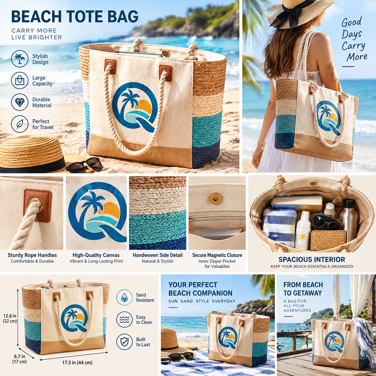 Qirvazun™ Large Canvas &amp; Woven Straw Beach Tote Bag with Soft Rope Handles