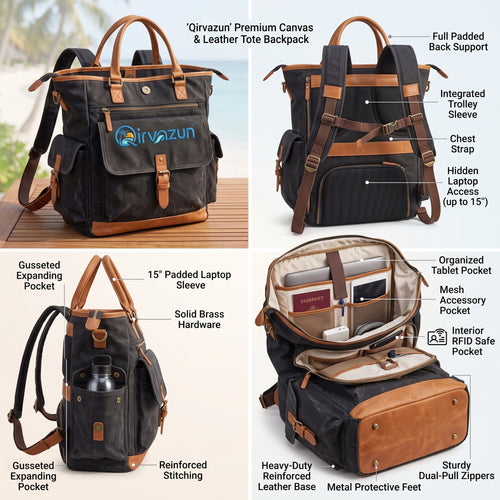 Qirvazun™ Convertible Canvas Backpack Tote | Heavy-Duty Beach &amp; Travel Weekender Bag with Premium Leather Trim