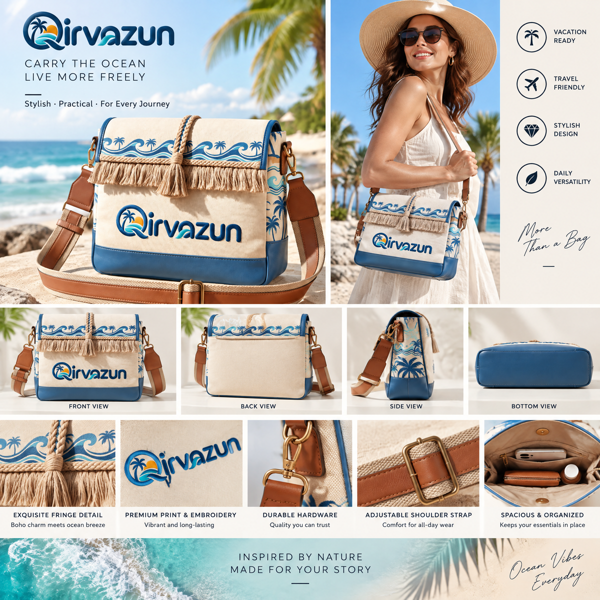 Qirvazun™ Boho Canvas Crossbody Bag – Tropical Wave Embroidered Shoulder Bag with Tassel Fringe &amp; Adjustable Wide Strap