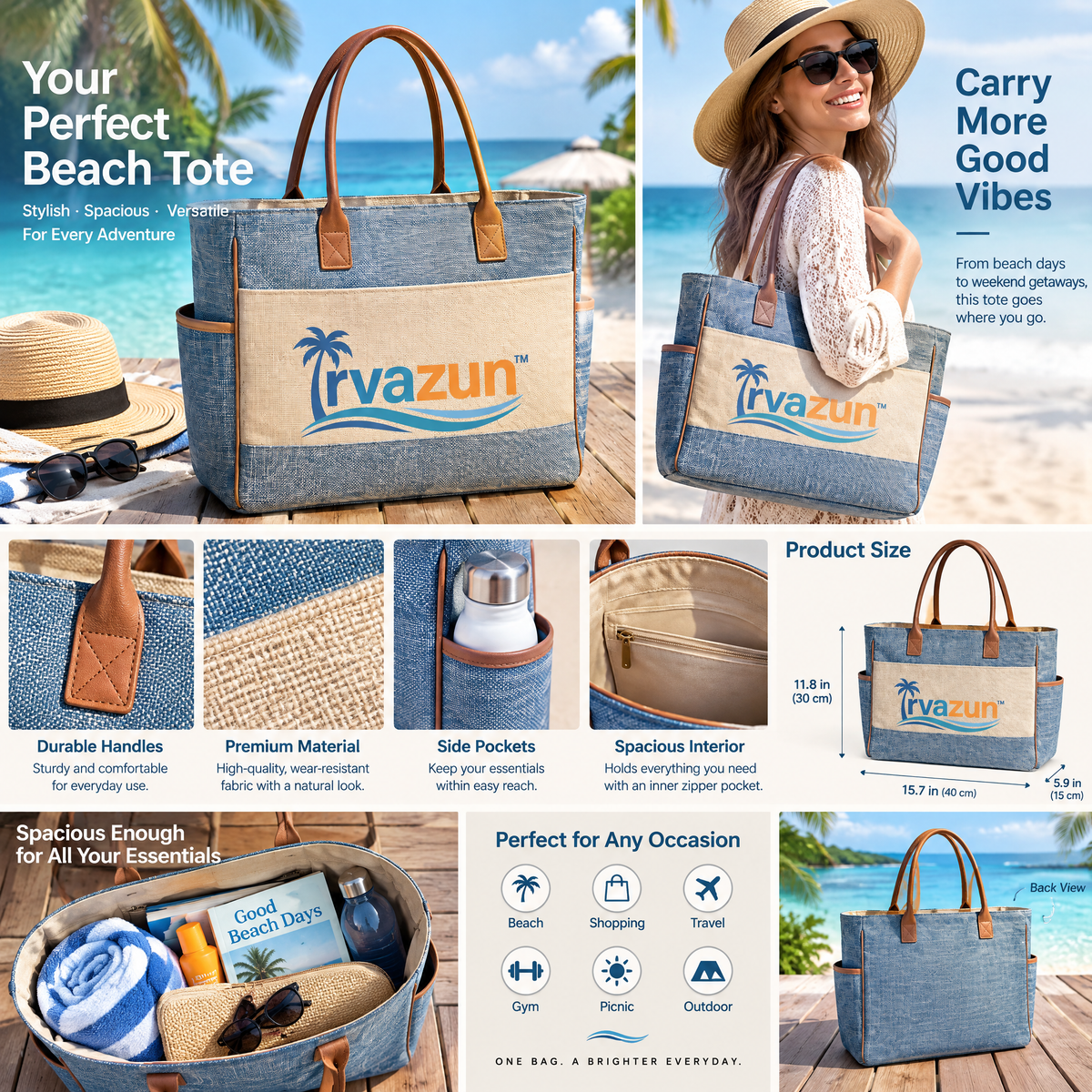 Qirvazun™ Large Canvas Beach Tote Bag – Structured Summer Vacation Shoulder Handbag with Exterior Pockets