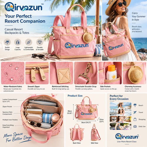 Qirvazun™ Convertible Resort Tote Backpack – Blush Pink Multi-Way Canvas Beach &amp; Travel Daypack with Tan Trim