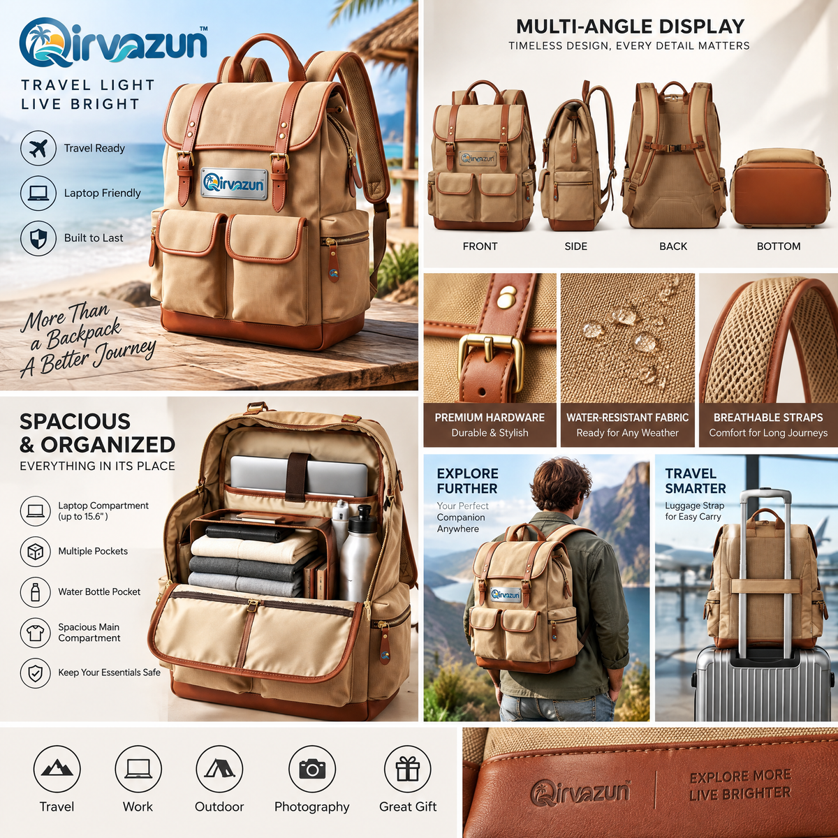 Qirvazun™ Vintage Canvas &amp; Leather Rucksack – Multi-Pocket Heritage Travel Backpack &amp; Everyday Daypack