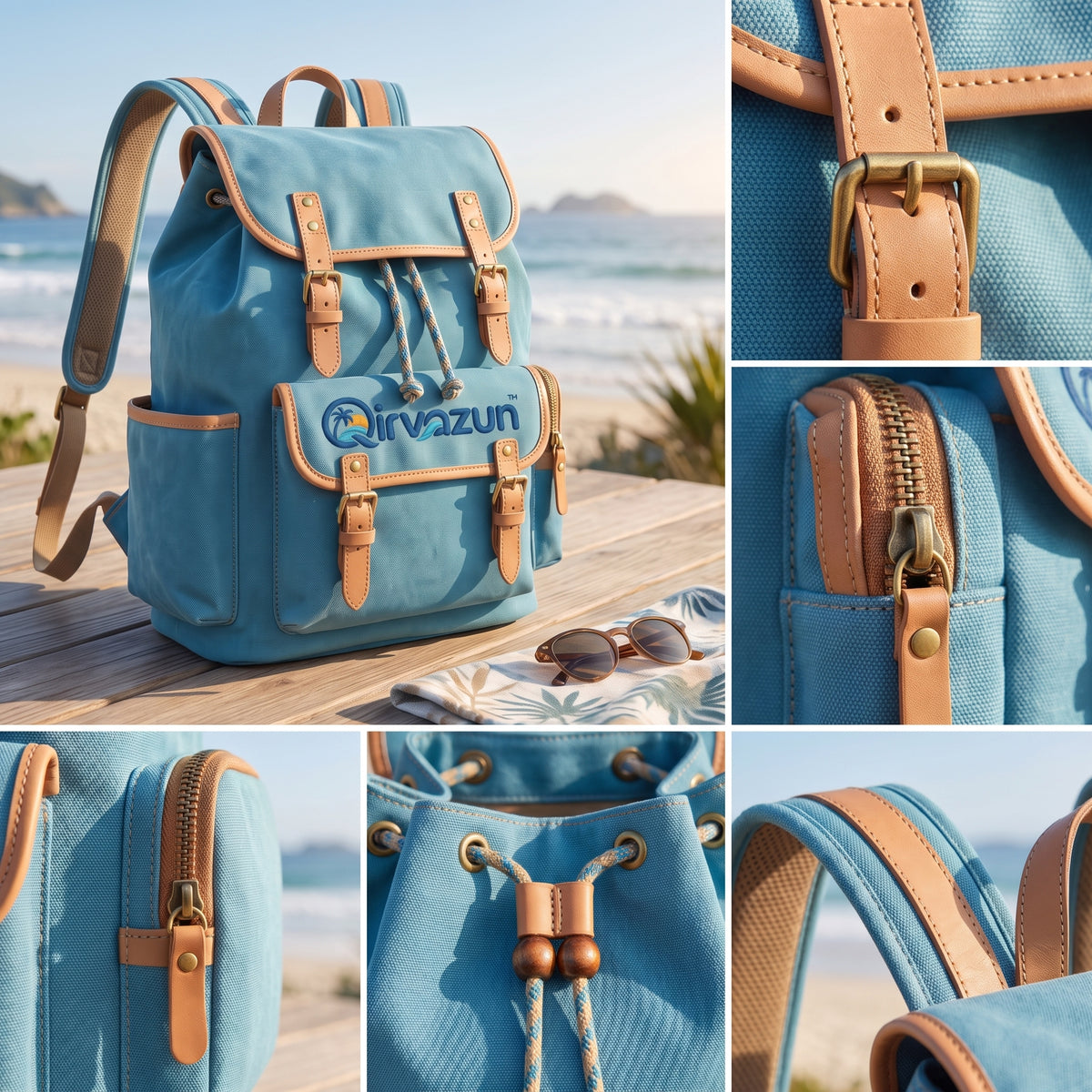 Qirvazun™ Vintage Canvas Backpack – Coastal Travel Rucksack &amp; Everyday Daypack with Leather Trim
