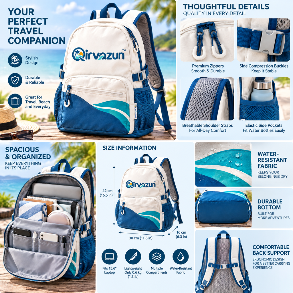 Qirvazun™ Ocean Wave Travel Backpack - Lightweight Casual Daypack with Breathable Mesh Straps &amp; Water Bottle Pockets for Beach, Vacation &amp; Daily Use