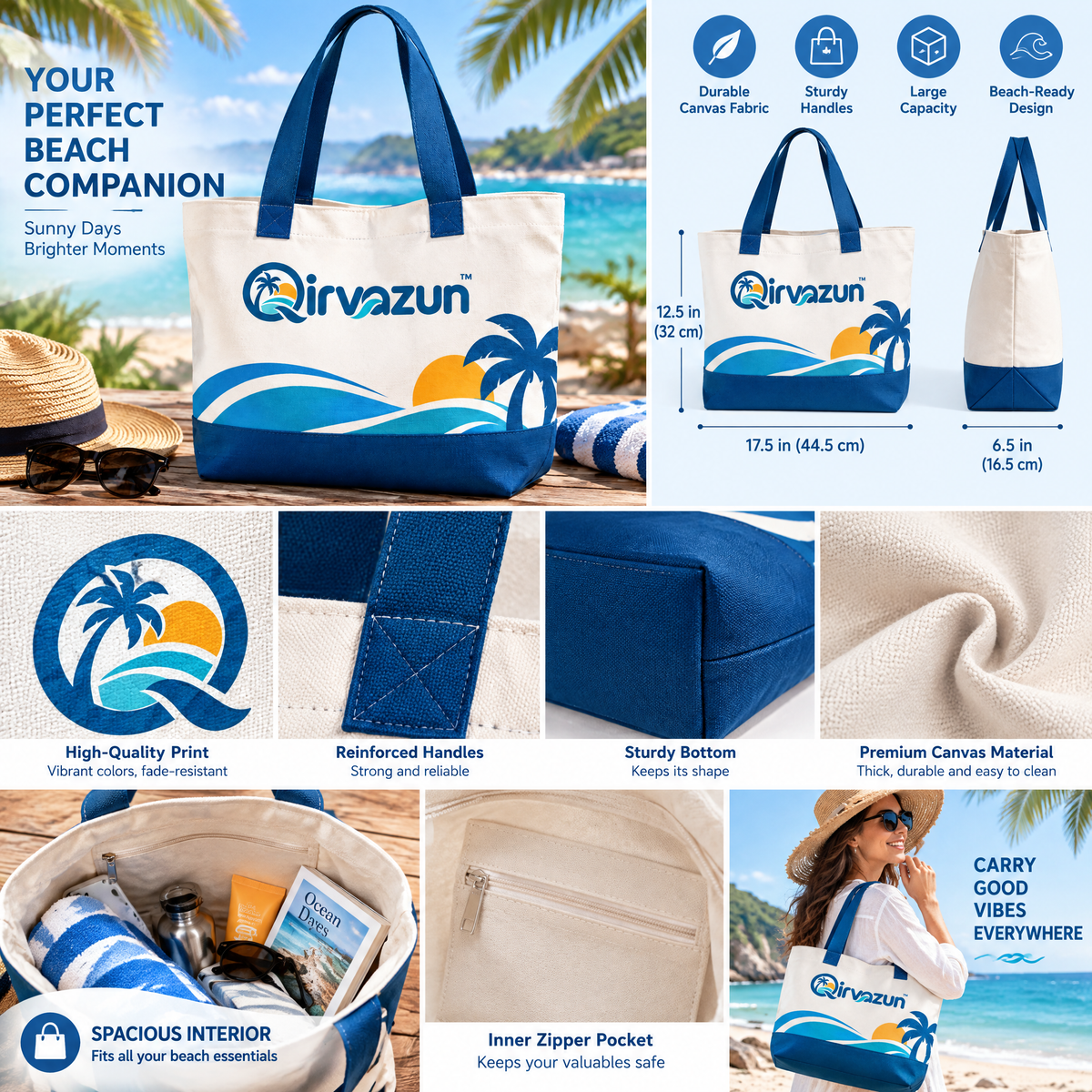 Qirvazun™ Heavy-Duty Canvas Beach Tote Bag – Large Coastal Travel Shoulder Bag with Tropical Wave &amp; Palm Graphic