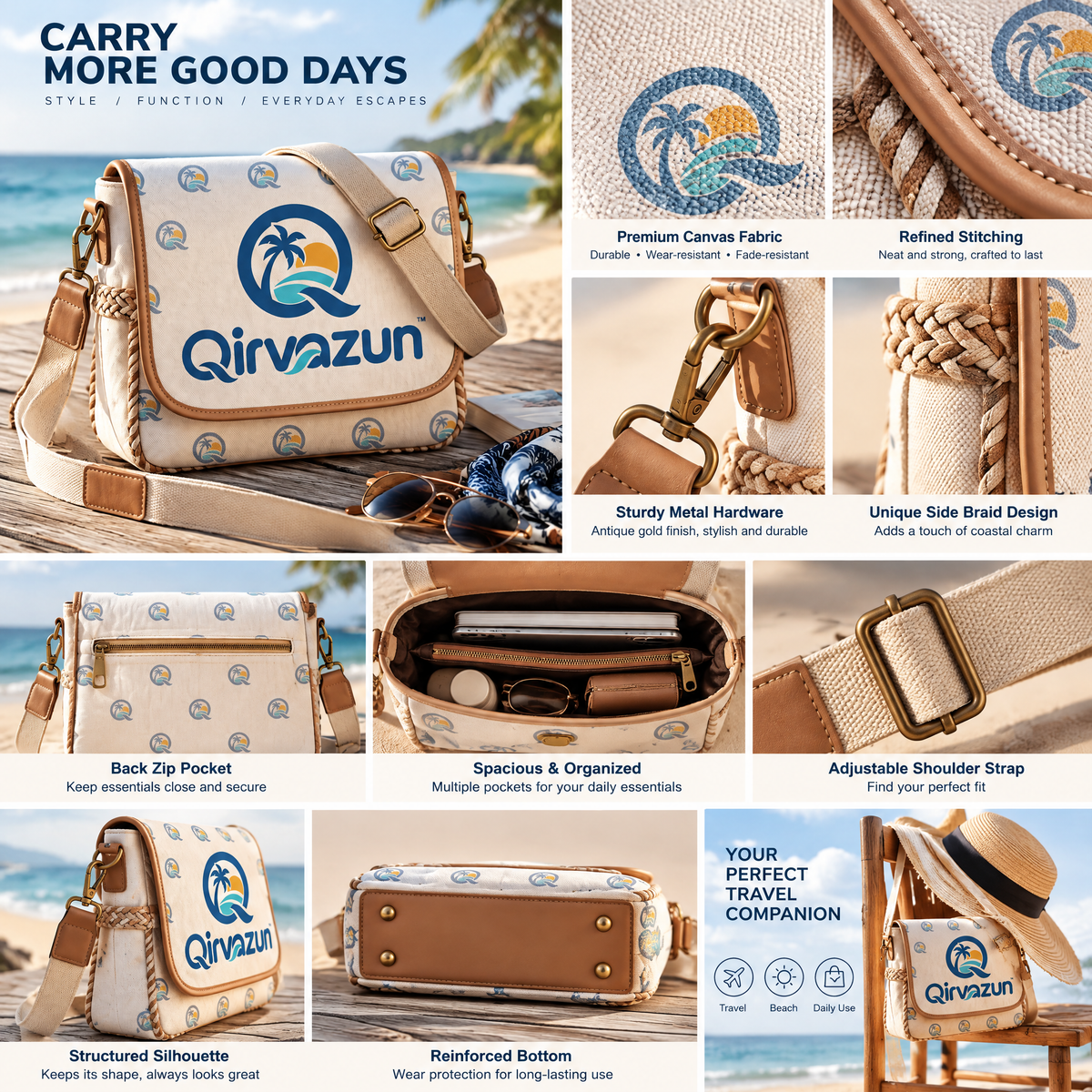 Qirvazun™ Coastal Canvas Crossbody Bag – Tropical Print Flap Shoulder Bag with Braided Trim &amp; Adjustable Strap