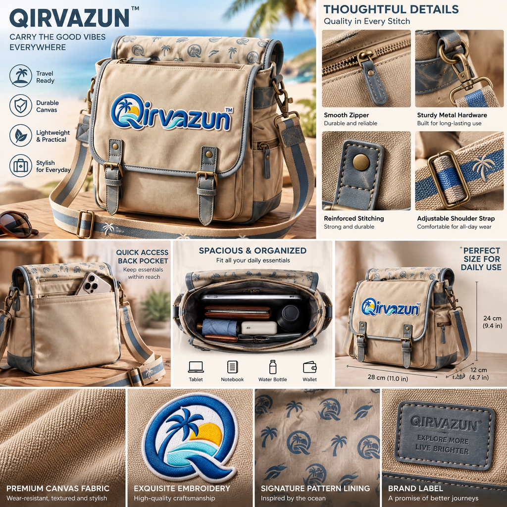 Qirvazun™ Unisex Vintage Canvas Messenger Bag – Casual Crossbody Travel Satchel with Coastal Print Lining &amp; Adjustable Strap