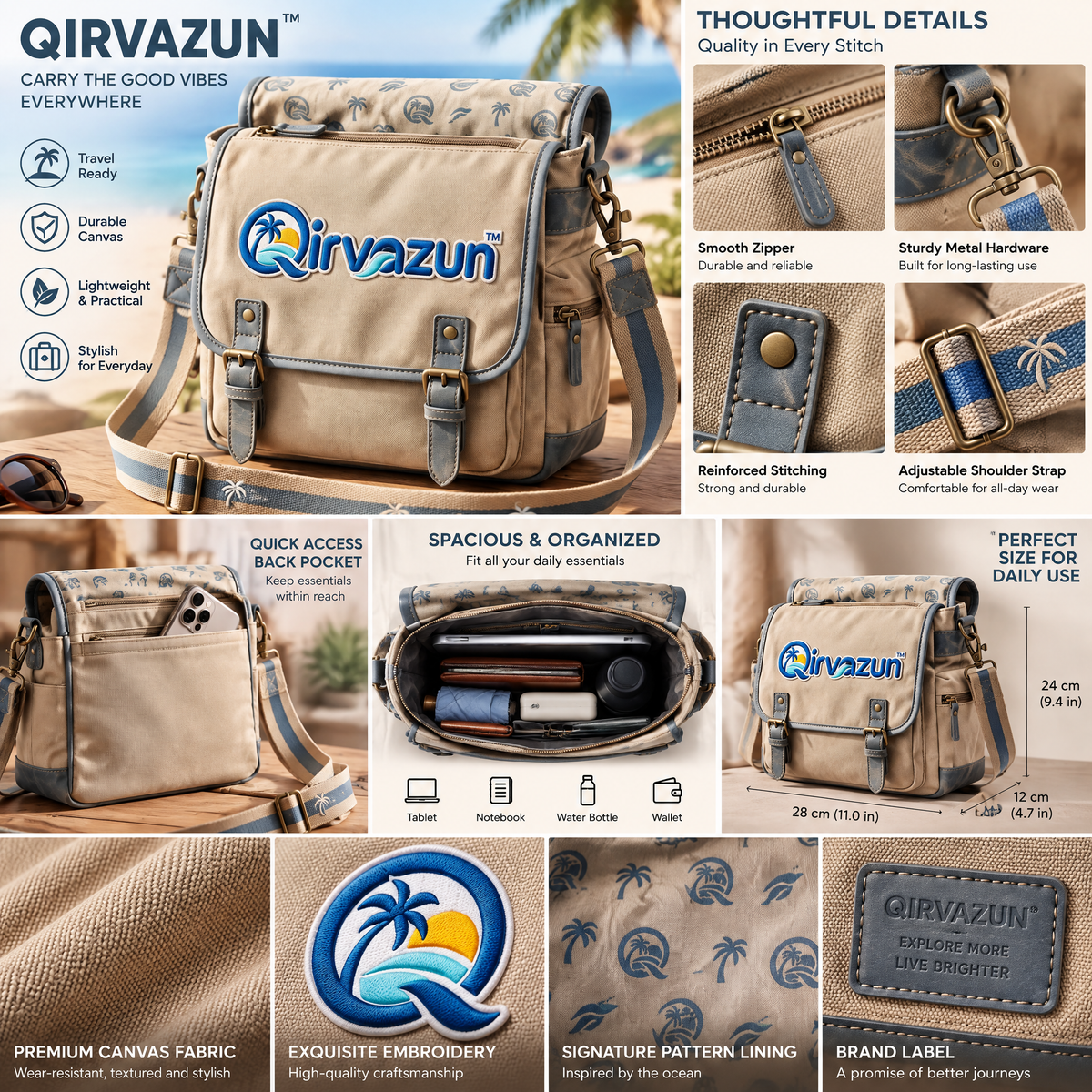 Qirvazun™ Unisex Vintage Canvas Messenger Bag – Casual Crossbody Travel Satchel with Coastal Print Lining &amp; Adjustable Strap