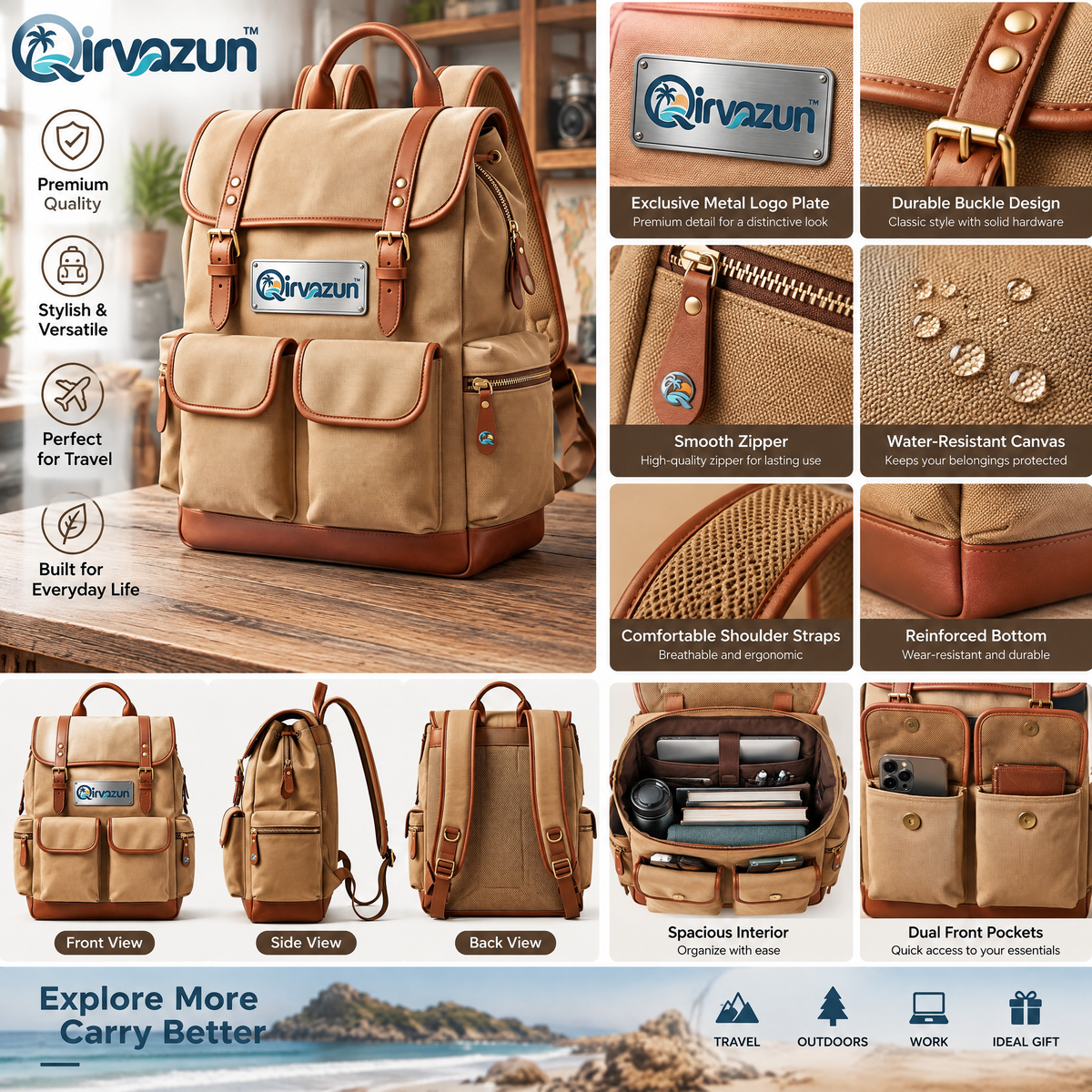 Qirvazun™ Vintage Canvas &amp; Leather Rucksack – Multi-Pocket Heritage Travel Backpack &amp; Everyday Daypack