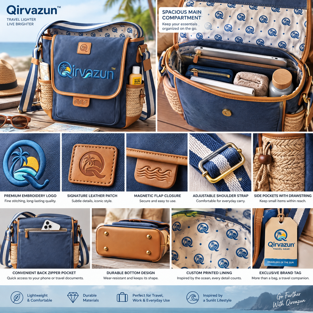 Qirvazun™ Canvas Crossbody Messenger Bag with Woven Straw Pockets – Casual Coastal Travel Shoulder Bag for Summer &amp; Vacation