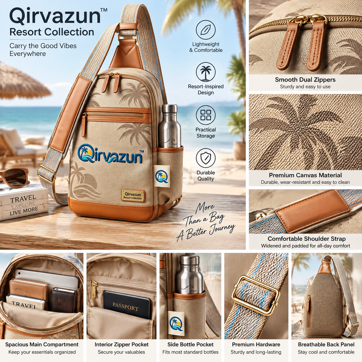 Qirvazun™ Canvas Crossbody Sling Bag – Tropical Travel Daypack with Water Bottle Holder &amp; Vegan Leather Trim