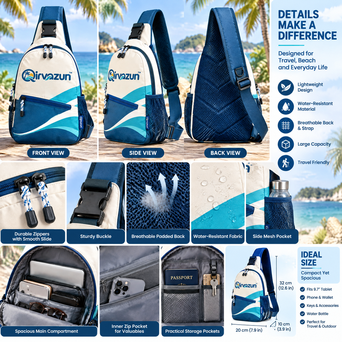 Qirvazun™ Lightweight Crossbody Sling Bag - Casual Travel Chest Backpack with Bottle Holder, Water-Resistant Ocean Wave Daypack for Outdoor, Hiking &amp; Beach Trips