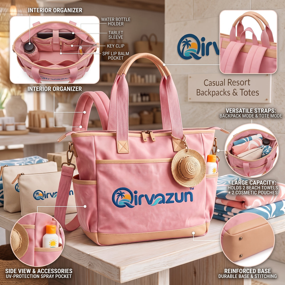 Qirvazun™ Convertible Resort Tote Backpack – Blush Pink Multi-Way Canvas Beach &amp; Travel Daypack with Tan Trim