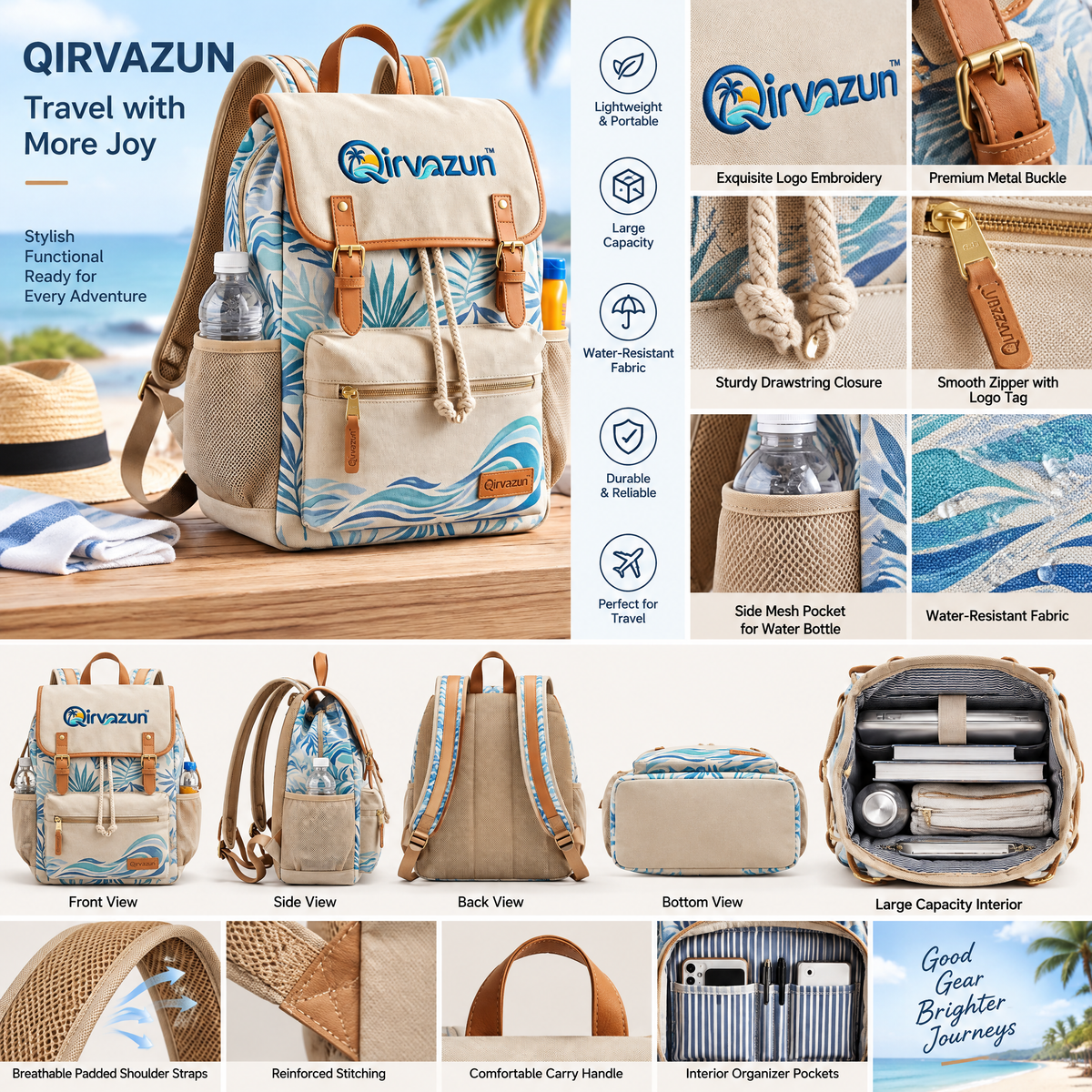 Qirvazun™ Vintage Canvas Beach Backpack – Tropical Palm &amp; Wave Print Rucksack with Drawstring Flap Closure &amp; Dual Side Pockets for Travel, Day Trips, and Daily Commute