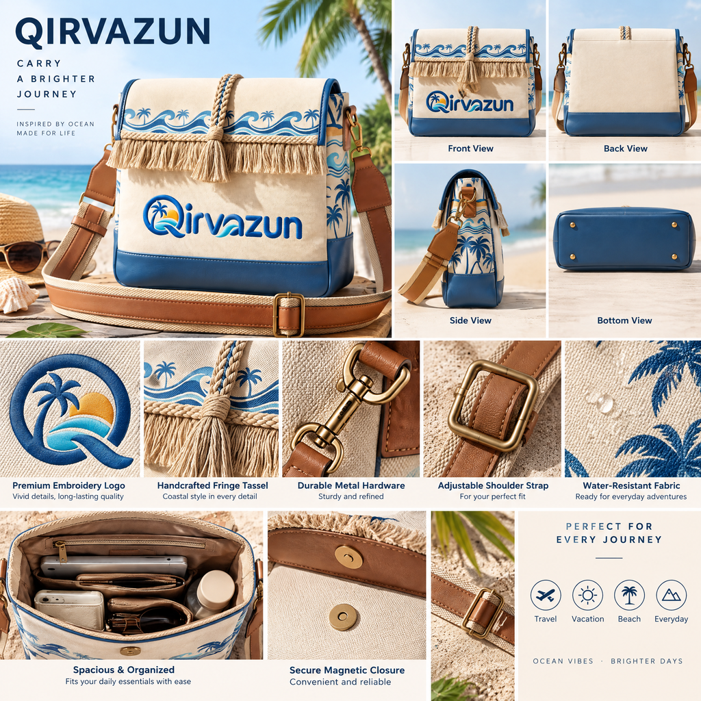 Qirvazun™ Boho Canvas Crossbody Bag – Tropical Wave Embroidered Shoulder Bag with Tassel Fringe &amp; Adjustable Wide Strap