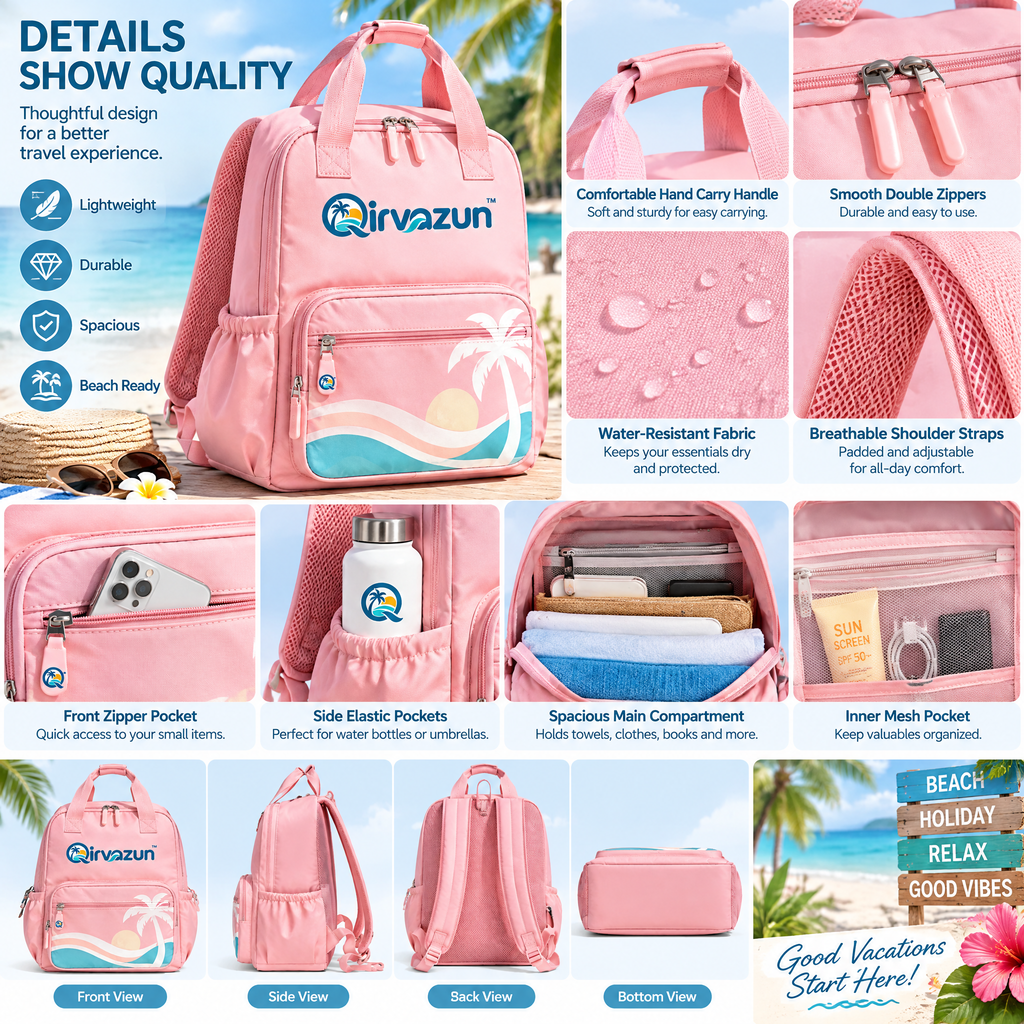 Qirvazun™ Pastel Pink Vacation Backpack – Lightweight Tropical Travel Daypack with Tote Handles